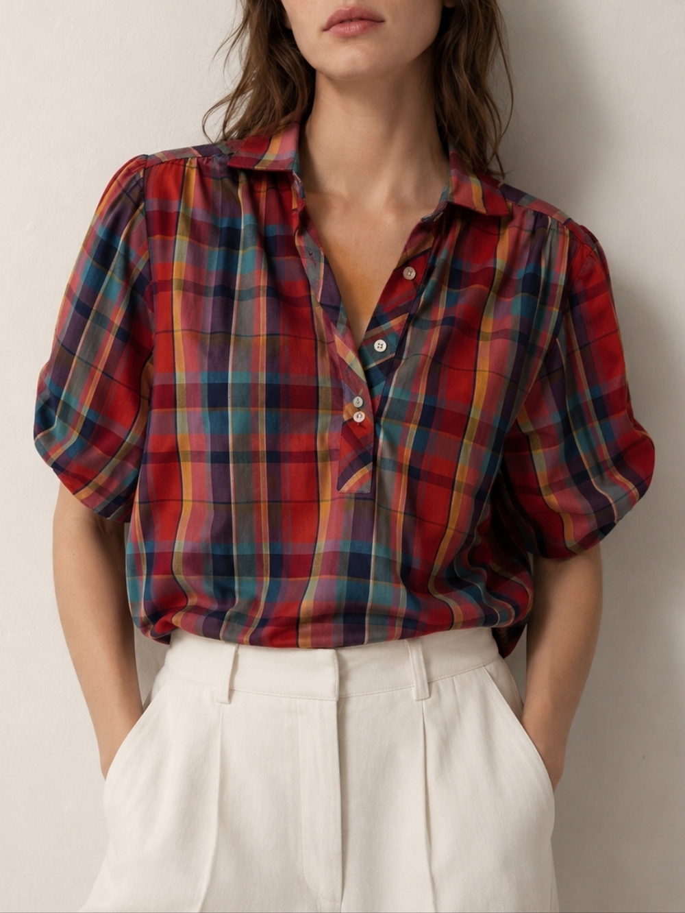 Vintage 1970s Cotton Plaid Blouse